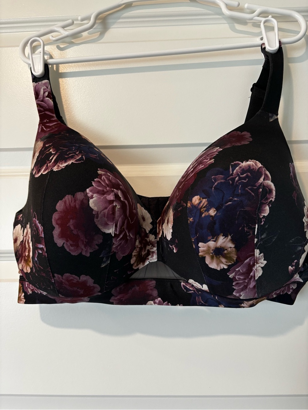 Cacique Black Floral Contour Bra with Plum Accents